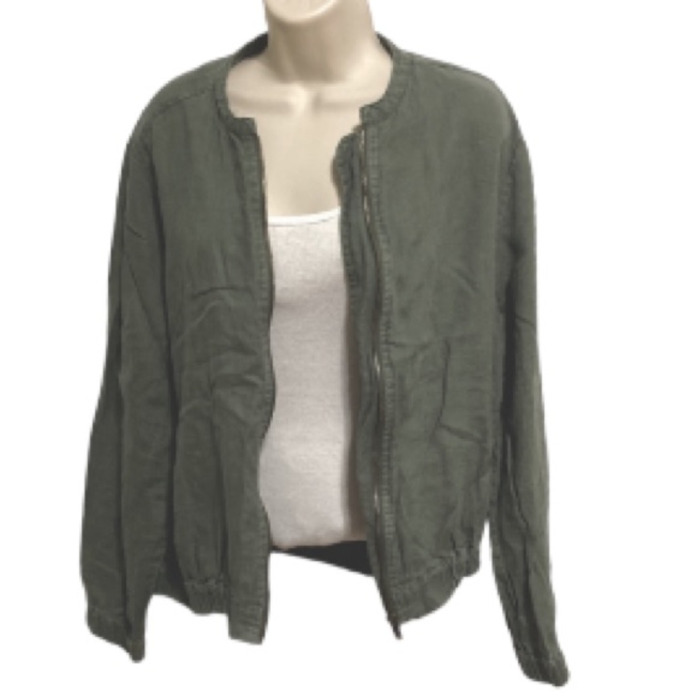 CYNTHIA ROWLEY LINEN Army Green Khaki Bomber Jacket Full Zip Long Sleeves Large